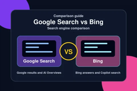 Google Search vs Bing comparison — Google results and AI Overviews versus Bing answers and Copilot search