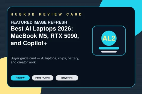 Best AI Laptops 2026: MacBook M5, RTX 5090, and Copilot+ — editorial review card showing the product category, key review criteria, and buyer-fit signals