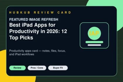 Best iPad Apps for Productivity in 2026: 12 Top Picks — editorial review card showing the product category, key review criteria, and buyer-fit signals