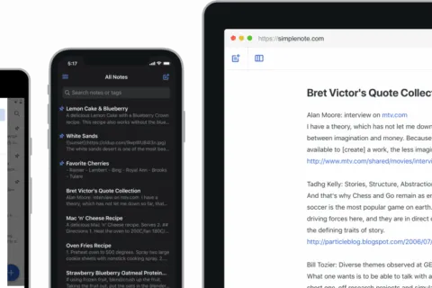 Simplenote interface with clean note list and editor view