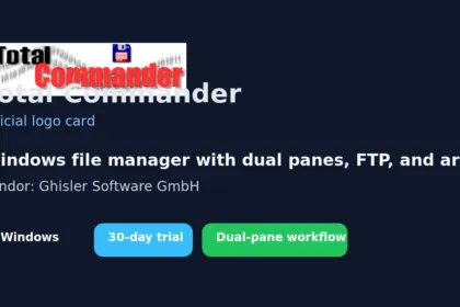 Total Commander official logo card with Windows, 30-day trial, and dual-pane workflow badges