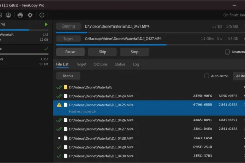 TeraCopy file list interface from the official Code Sector site