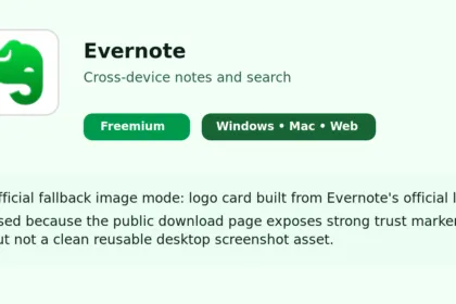 Evernote official logo card with cross-device notes and freemium plan badges