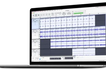 Audacity official hero image showing the desktop app on a laptop