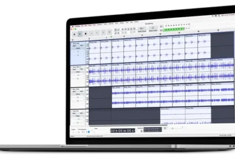 Audacity official hero image showing the desktop app on a laptop