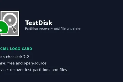 Editorial logo card built from the official TestDisk logo with factual recovery badges
