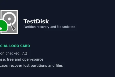 Editorial logo card built from the official TestDisk logo with factual recovery badges