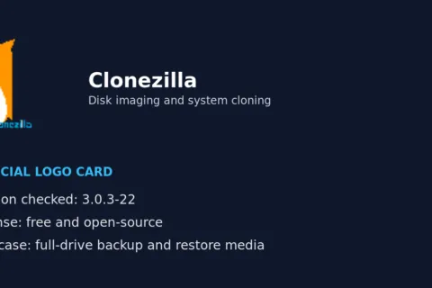 Editorial logo card built from the official Clonezilla logo with disk imaging badges