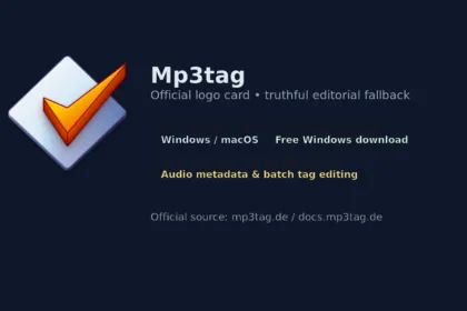 Truthful editorial Mp3tag logo card built from the official Mp3tag logo with Windows and tag-editing badges
