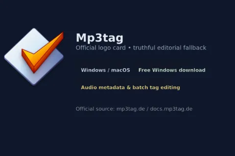 Truthful editorial Mp3tag logo card built from the official Mp3tag logo with Windows and tag-editing badges