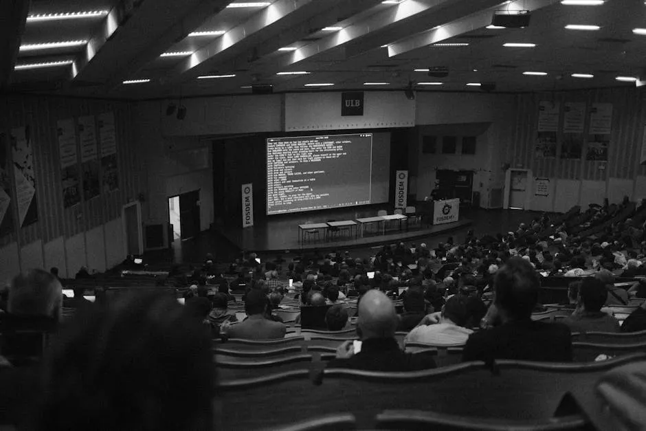 Black and white shot of a technology conference at ULB auditorium, Brussels. — Photo by J MAD on Pexels