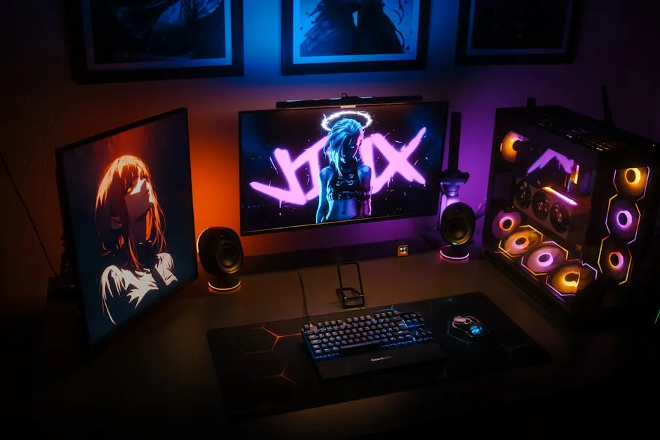 A modern gaming setup featuring RGB lighting, dual monitors, and a custom PC with colorful components. — Photo by Atahan Demir on Pexels