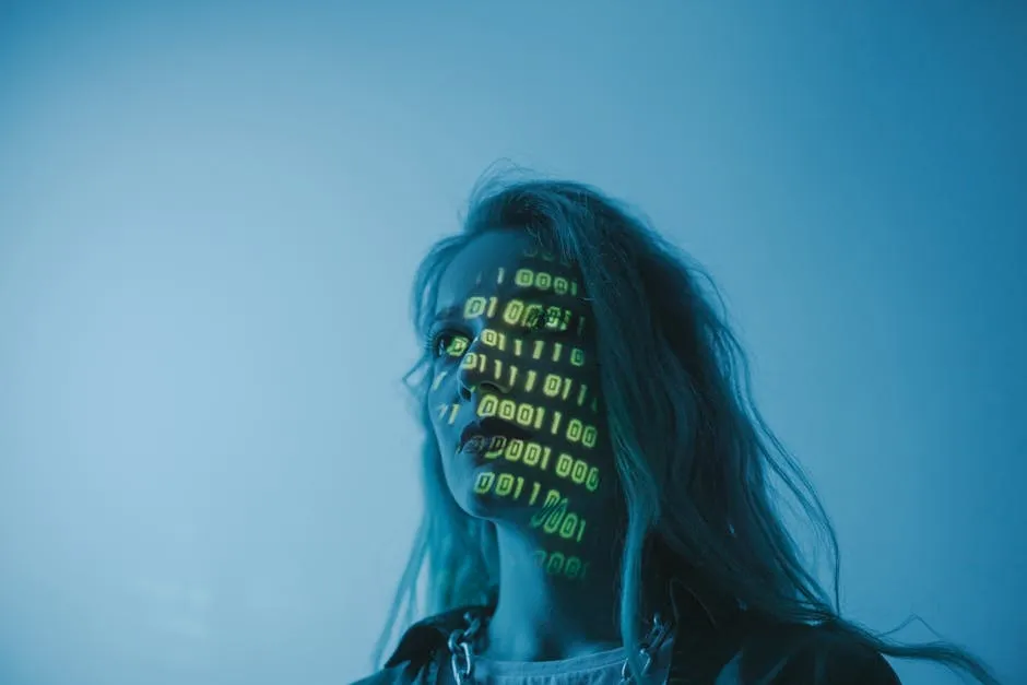 A woman with binary code lights projected on her face, symbolizing technology. — Photo by cottonbro studio on Pexels