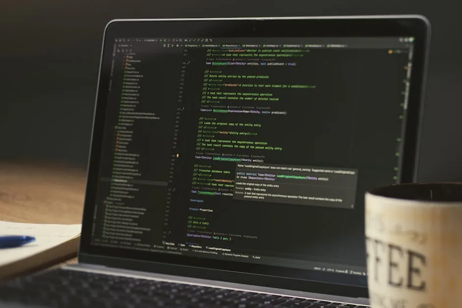 A close-up of a laptop displaying code in a dimly lit room with a coffee mug nearby. — Photo by Daniil Komov on Pexels