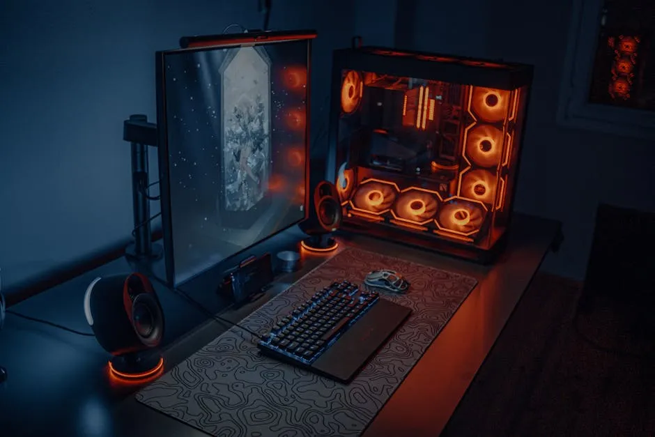 Sleek gaming desk setup featuring RGB lighting, large monitor, and gaming PC with glowing fans. — Photo by Atahan Demir on Pexels