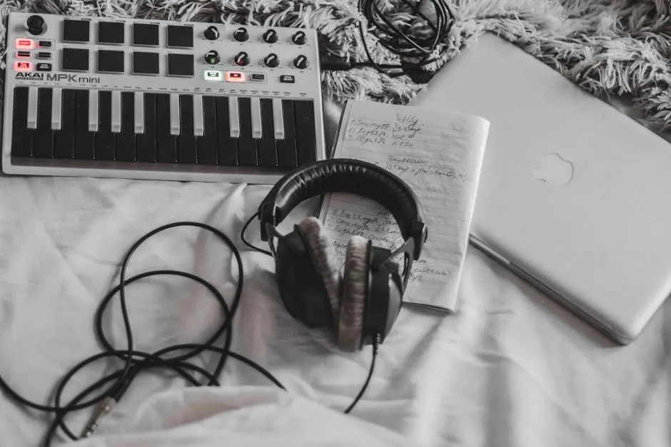 A cozy music production setup featuring a MIDI controller, headphones, and a laptop on a white blanket. — Photo by Alina Vilchenko on Pexels