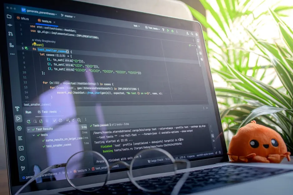 Open laptop displaying code next to a plush toy, set in a bright room with plants. — Photo by Daniil Komov on Pexels