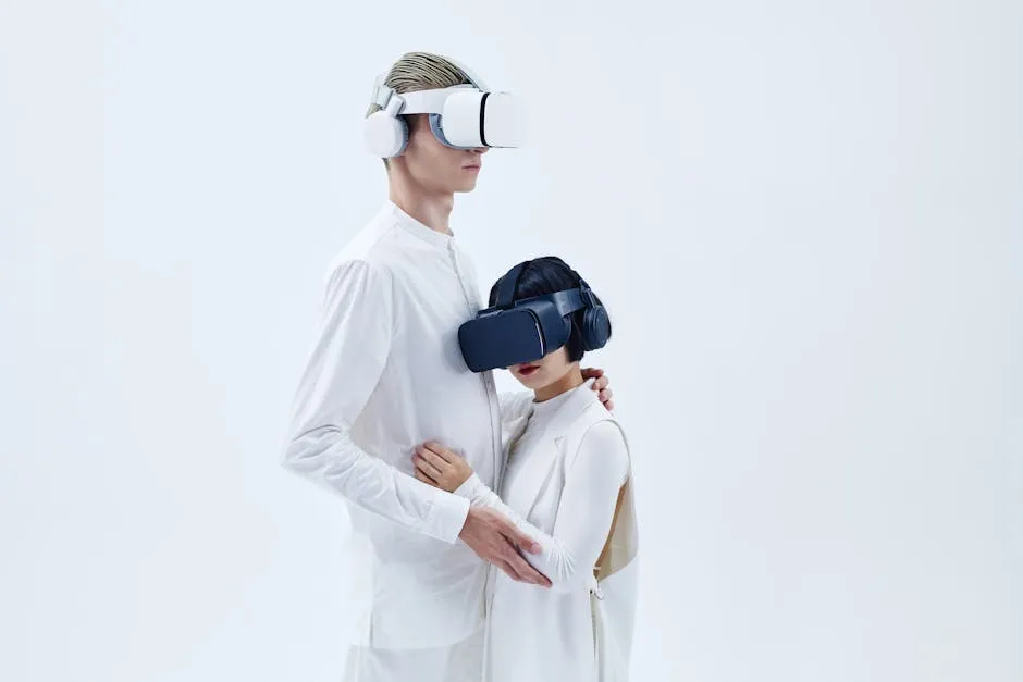 A couple wearing VR headsets embraces modern technology with a minimalist aesthetic. — Photo by Michelangelo Buonarroti on Pexels