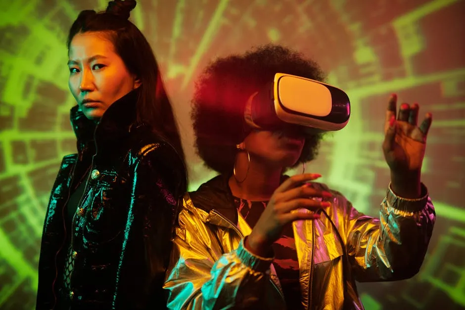 Two women immersed in a futuristic virtual reality environment, showcasing modern technology and style. — Photo by Darlene Alderson on Pexels