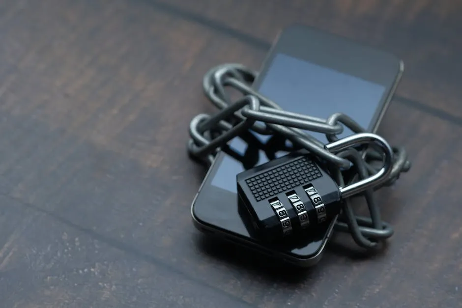Close-up of a smartphone wrapped in a chain with a padlock, symbolizing strong security. — Photo by Towfiqu barbhuiya on Pexels
