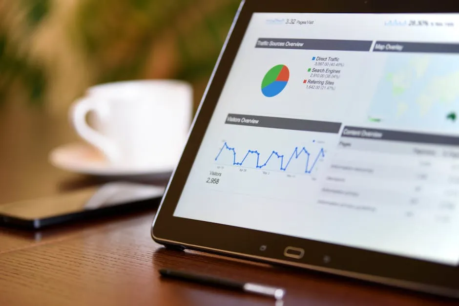 Close-up of a tablet displaying analytics charts on a wooden office desk, alongside a smartphone and coffee cup. — Photo by AS Photography on Pexels