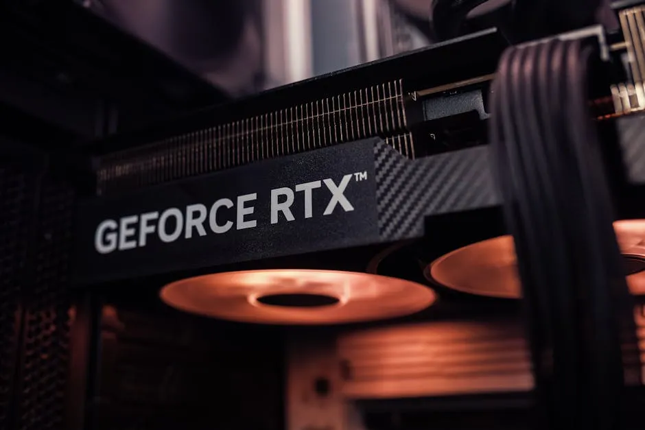 GeForce RTX graphics card installed inside a PC, glowing under warm lighting. — Photo by Matheus Bertelli on Pexels