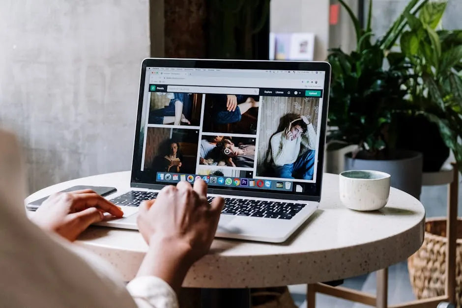 A person browsing photos on a laptop at a round table with a mug and plants inside. — Photo by cottonbro studio on Pexels