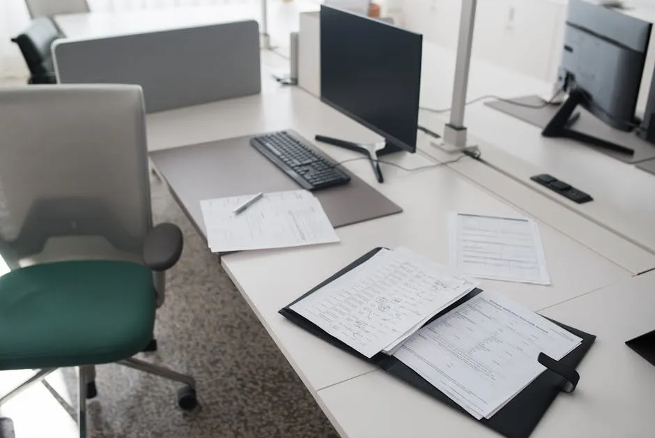 A clean and organized office desk with documents, a computer, and chair in a modern workspace. — Photo by Kampus Production on Pexels