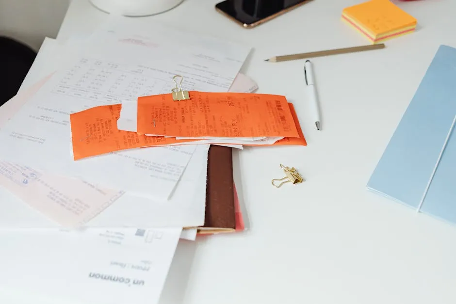 Close-up of a tidy desk with receipts, documents, and office stationery for business organization. — Photo by www.kaboompics.com on Pexels