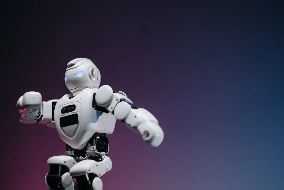 Close-up of a futuristic robotic toy against a gradient background, symbolizing innovation and technology. — Photo by Pavel Danilyuk on Pexels