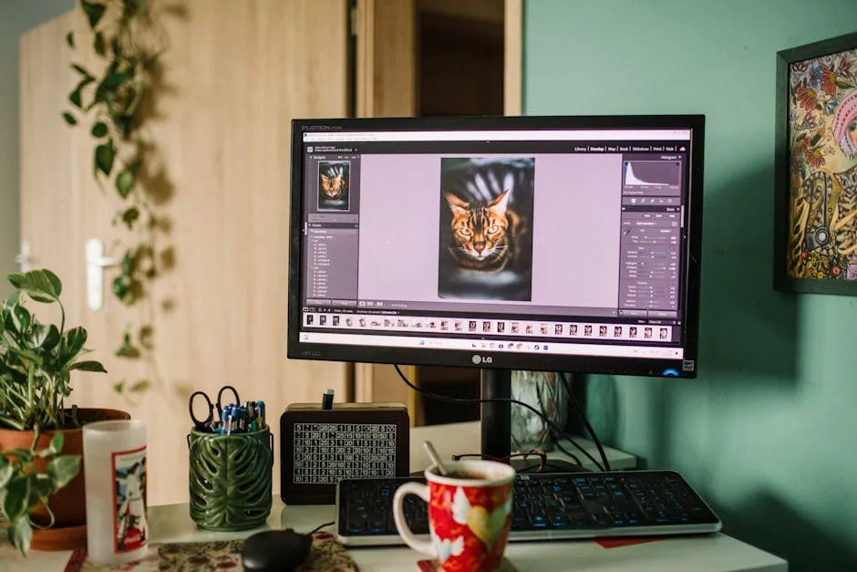 A cozy home office desk with a monitor displaying photo editing software, surrounded by plants and decor. — Photo by Helena Jankovičová Kováčová on Pexels