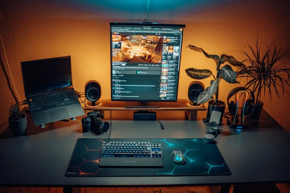 A stylish home office desk setup with laptop, screen, camera, and plants creating a modern ambiance. — Photo by Atahan Demir on Pexels