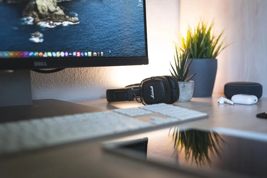 A minimalistic desk setup featuring a monitor, headphones, keyboard, and green plants for a tech-savvy workspace. — Photo by Alex Staudinger on Pexels