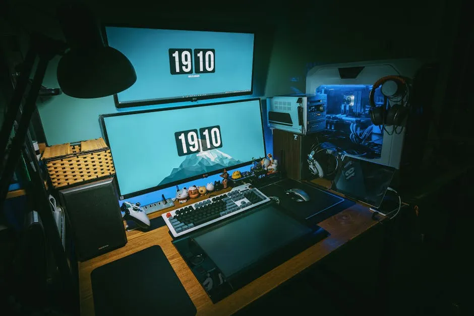 A sleek gaming desk setup featuring dual monitors, keyboard, and gaming PC in a dimly lit home office. — Photo by FOX ^.ᆽ.^= ∫ on Pexels