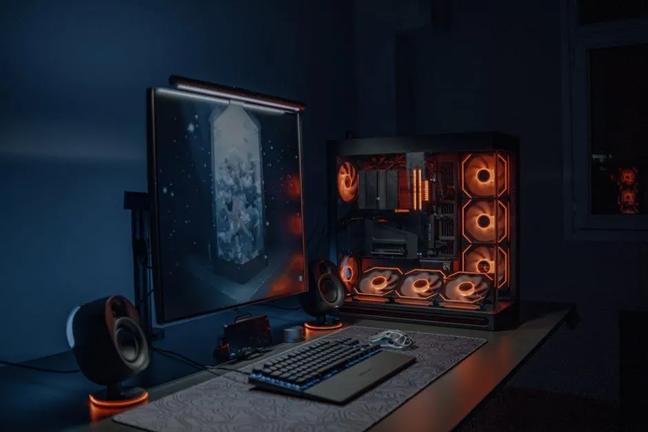 A sleek gaming PC setup with LED lights, monitor, and keyboard in a dimly lit room. — Photo by Atahan Demir on Pexels