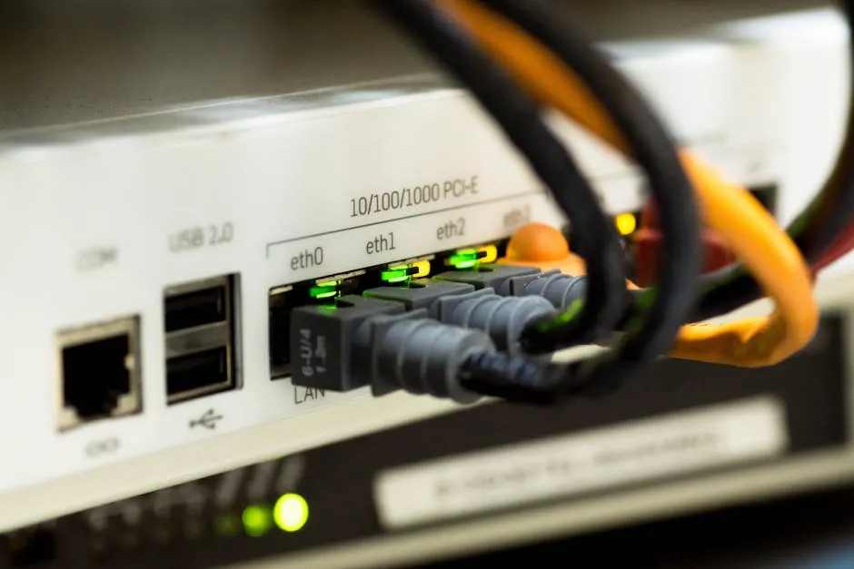 Detailed close-up of ethernet cables and network connections on a router, showcasing modern technology. — Photo by Pixabay on Pexels