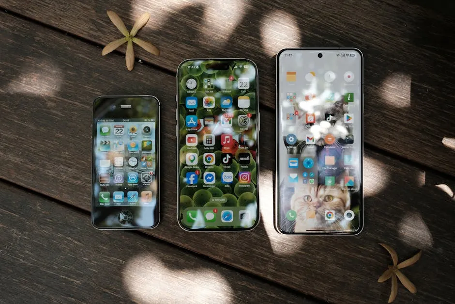 Aerial view of three smartphones with varied home screens on a wooden background with scattered dried flowers. — Photo by Phong Thanh on Pexels