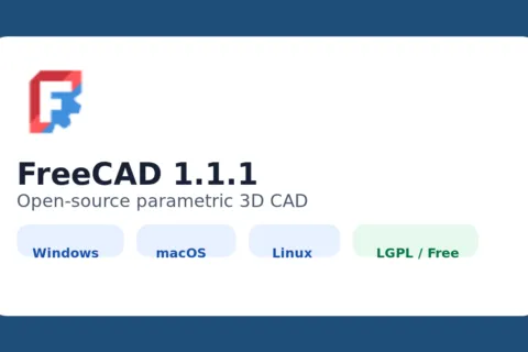 FreeCAD official logo card with Windows, macOS, Linux, and LGPL badges