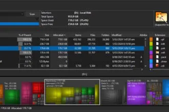 Official WizTree disk space analyzer screenshot showing tree view and treemap