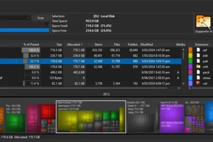 Official WizTree disk space analyzer screenshot showing tree view and treemap