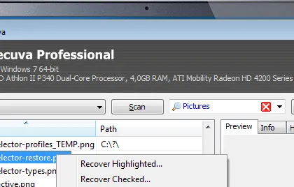 Official Recuva product screenshot from CCleaner showing the Windows recovery interface