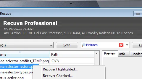Official Recuva product screenshot from CCleaner showing the Windows recovery interface